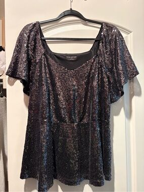 Lane Bryant Black Sequin Flutter Sleeve Blouse